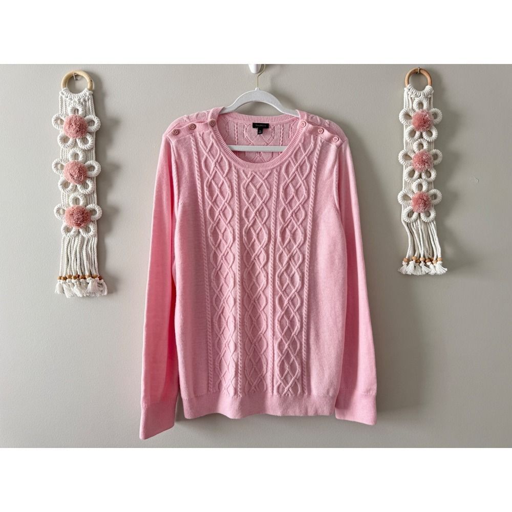 Talbots‎ Cable Knit Sweater Button Detail Pink Nylon Lambswool Blend Size XL